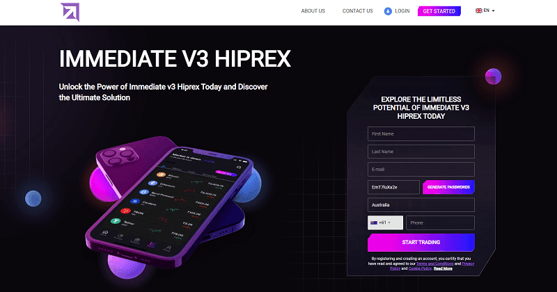 Immediate V3 Hiprex Homepage Screenshot