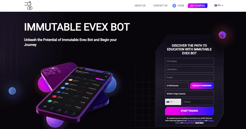 Immutable Evex Bot Homepage Screenshot